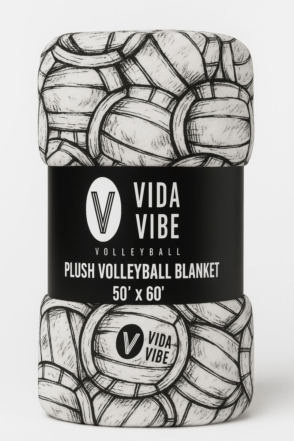 Vida Vibe plush volleyball blanket packaging with black and white design